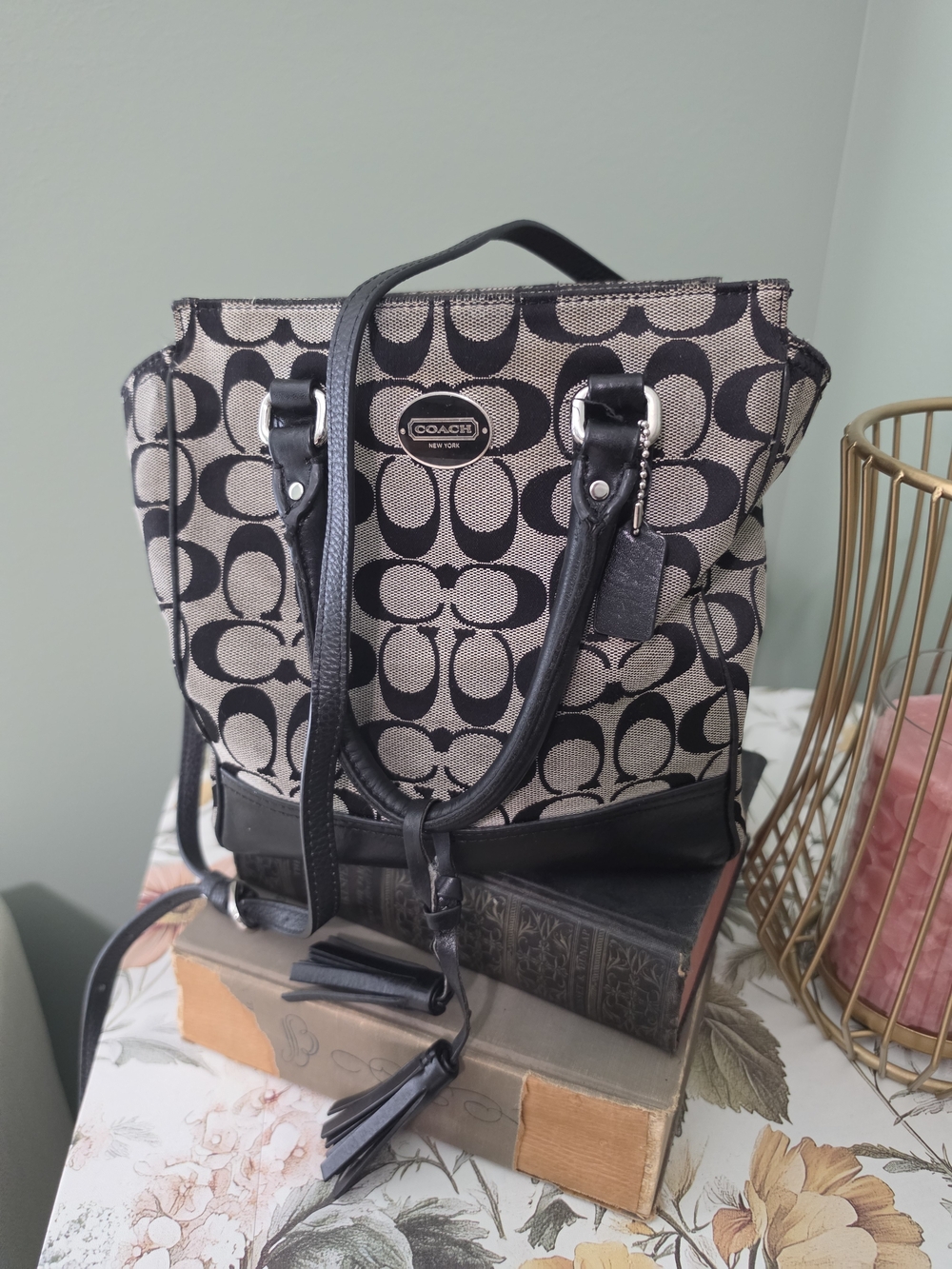 COACH Black and Cream Signature Canvas Tote Bag